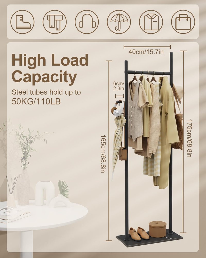 GUOHNHE Large Metal Coat Rack Freestanding, Modern Coat Hanger Stand with 2 Hooks and Heavy Rock Slab Base, Industrial Clothes Rack, Garment Rack, 19.7 x 11.8 x 68.9 In, Black, GYJ202MB