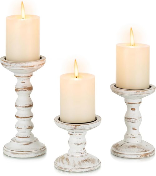 Candeldo Wood Candle Holders - Rustic Pillar Candle Holder Set of 3 | Tall Shabby Chic Decor for Farmhouse Mantle