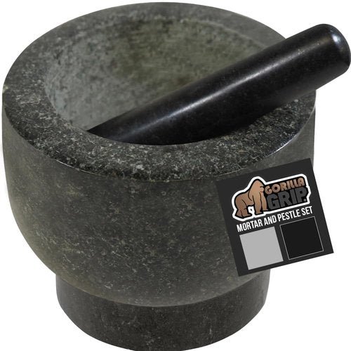GORILLA GRIP 100% Natural Granite Stone Mortar and Pestle Set, Non-Scratch Base, Heavy Duty Polished Molcajete Guacamole Salsa Bowl, Grind Seeds, Herbs, Pills, Kitchen Lab Muddler, 1.5 Cup Black