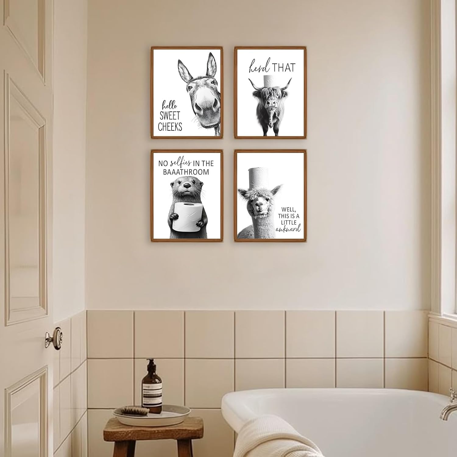 Regine Switzerland Funny Bathroom Wall Art - Rustic Black and White Animal Prints | Unframed 8x10" Set of 4