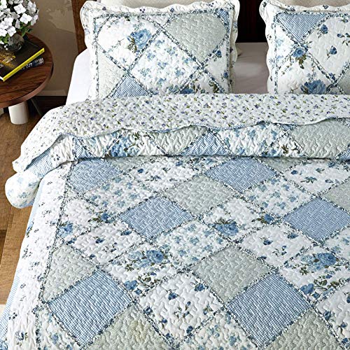 VIVILINEN Blue Floral Patchwork Quilt Set - 3 Piece Full/Queen Bedspread