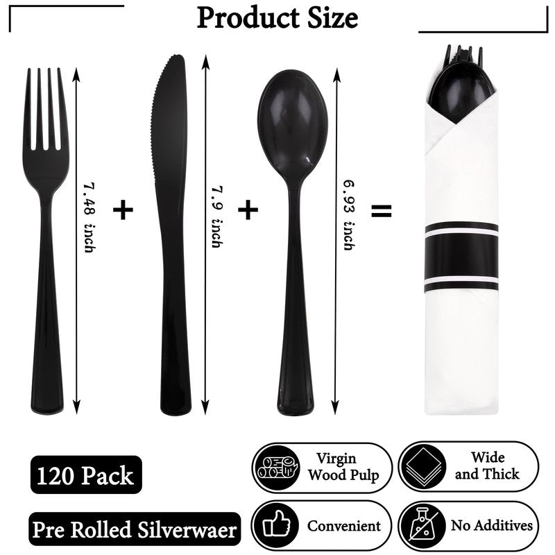 Supernal 120 Pack Black Plastic Silverware,Rolled Silverware Disposable,Pre Wrapped Cutlery Set with Napkin,Plastic Utensils Heavy Duty, Rolled Black Cutlery