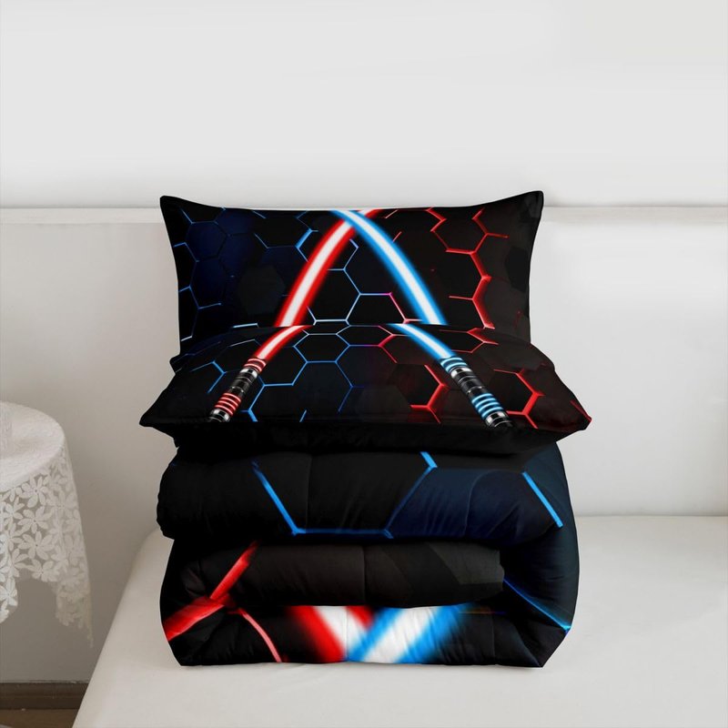 Neon Red Blue Lightsaber Bedding Set Twin Size Geometric Honeycomb Comforter Set 2Pcs for Kids Girls Boys Teens Room Decor Fashion Games Quilt Set Black 3D Hexagon Duvet Insert,1 Pillowcase