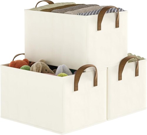 Closet Storage Bins by [Brand Name] - Collapsible Fabric Organizers for Shelves | Beige, 3 Pack