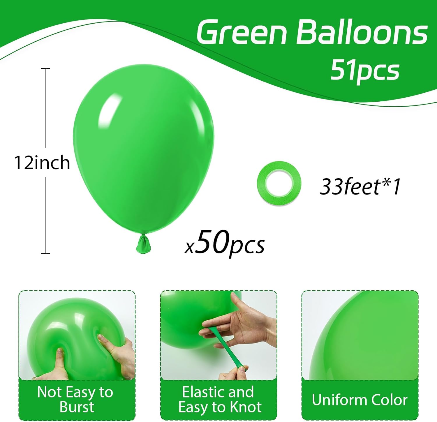 Awenztech Green Balloons - 12-Inch Latex Party Balloons | 50-Pack for Birthday & Baby Shower Decor