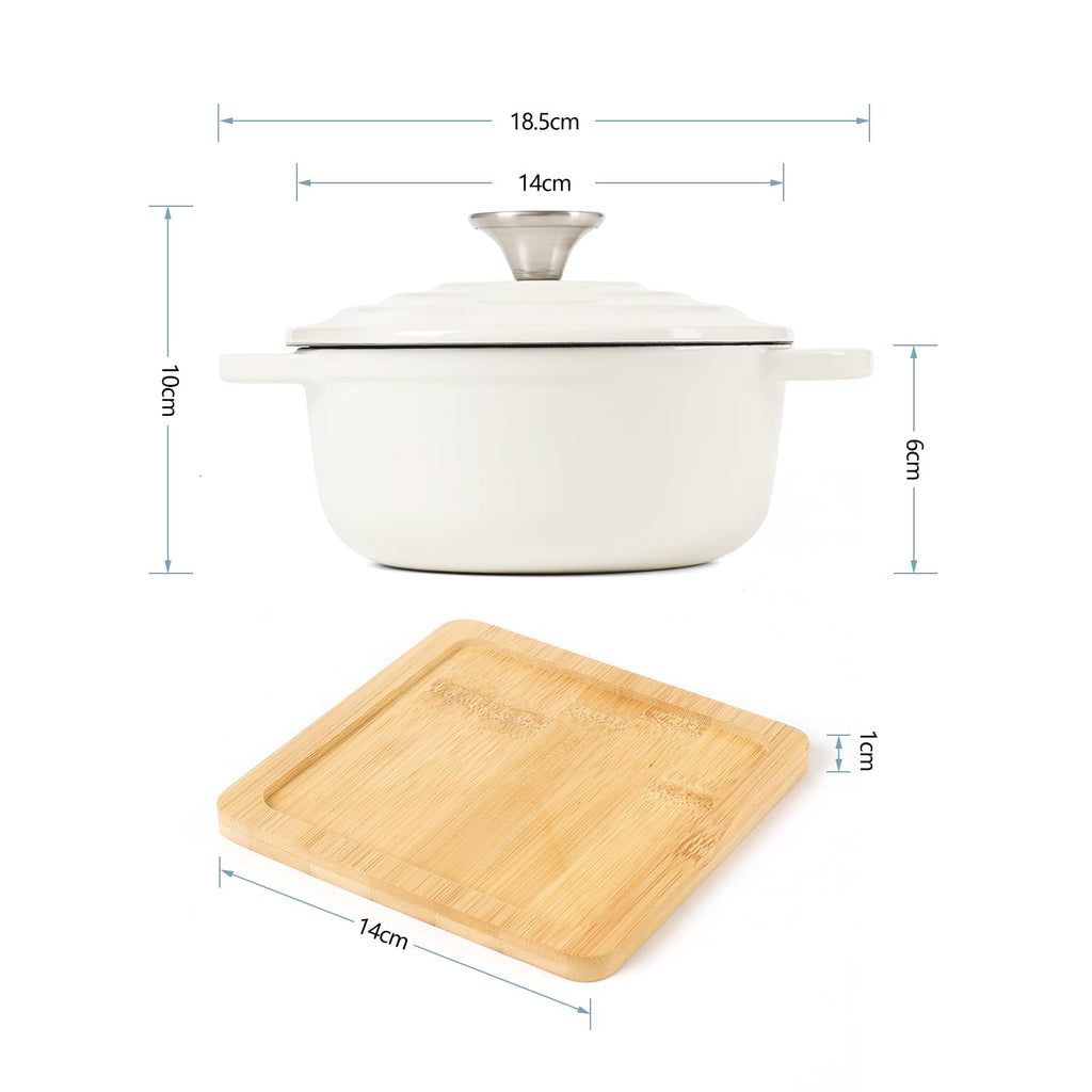 HAWOK Enameled Cast Iron Mini Dutch Oven, Dia5.51”, 23oz, with Bamboo Tray, Set of 2, Oyster White