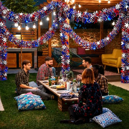 Patriotic Red White & Blue Star Tinsel Garland - 52.5ft 4th of July Decor