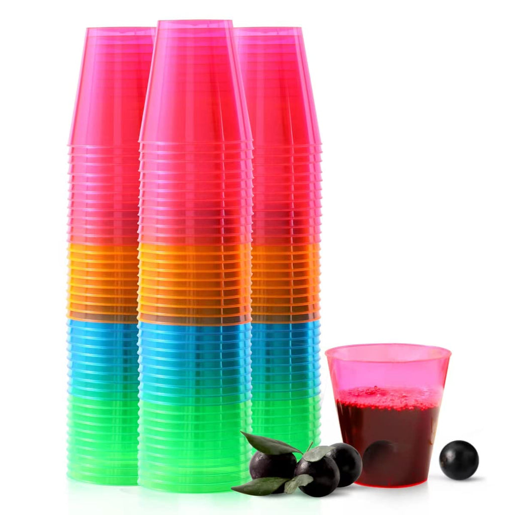 QIANQUEYUE 250 Pack 2oz Disposable Hard Plastic Cups Shot Glasses, Jello Cups, Iridescent Neon Birthday Christmas Party Supplies