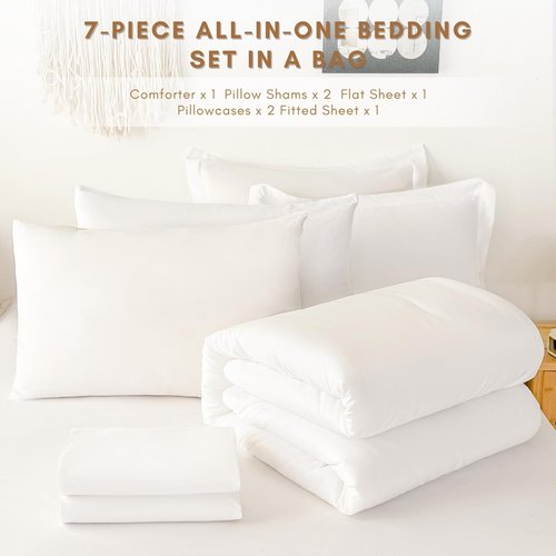 FMLIUY Cal King Comforter Duvet Cover Set White - 7-Piece Bed in a Bag, Festive Gift Double Brushed Micorfiber All-Season Soft Bedding with Sheets & Envelope Pillowcases(104"x90",Cal King)