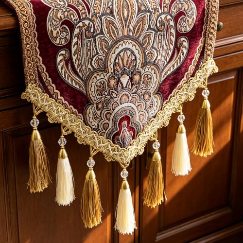 Red French Manor 94-Inch Paisley Jacquard Christmas Table Runner - HeMiaor