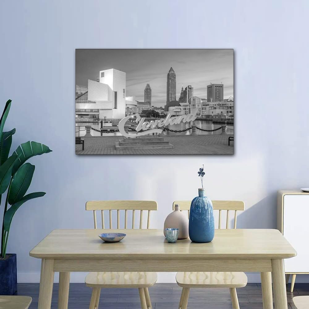 Black and White Paintings Downtown Cleveland Pictures Cityscape Wall Art for Living Room Cleveland, OH Artwork 1 Piece Prints on Canvas House Modern Decor Giclee Framed Ready to Hang, 24"Wx36"H