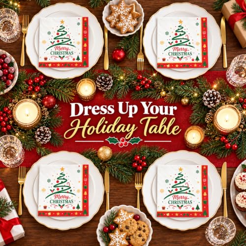 Christmas Tree Party Napkins - 50 Pack, 6.5 Inch Holiday Cocktail Paper Napkins