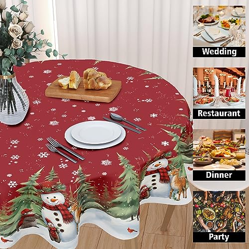 Sweetshow Dark Red 60-Inch Round Christmas Tablecloth Snowman Snowflake Holiday Decor