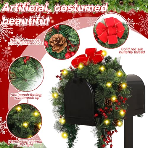 Suncalla 36-Inch Christmas Mailbox Swag Decor with Lights & Red Bow