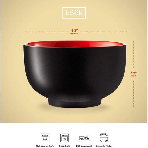 KooK Ramen Bowl - Large Ceramic Noodle Bowls | Microwave & Dishwasher Safe, 34 oz, Set of 4 (Black/Red)