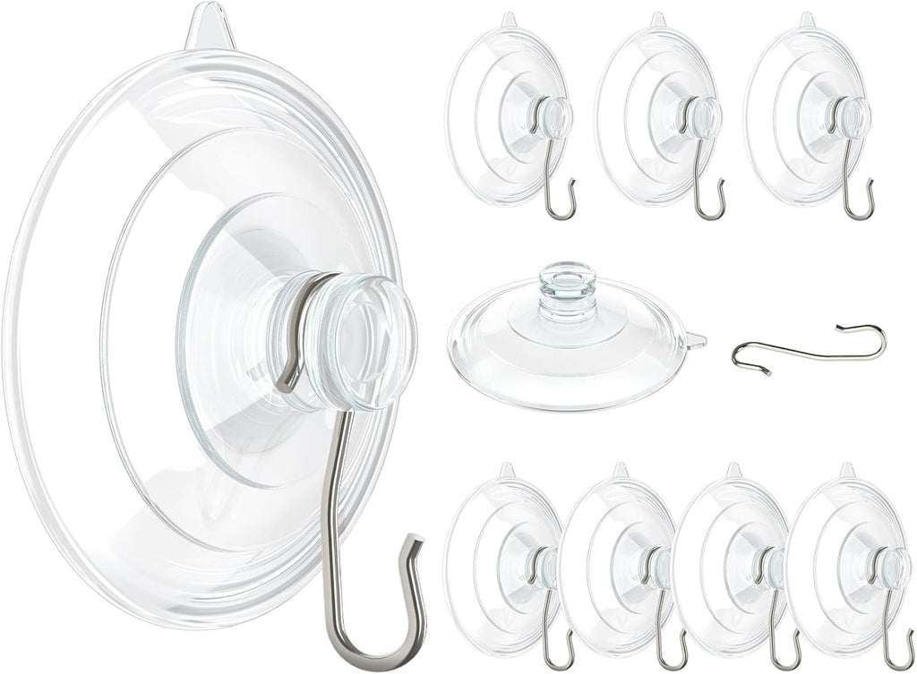 VIS'V Suction Cup Hooks - 2.5 Inch Large Clear Suction Cups with Metal Hooks | Removable & Reusable, 10 Pcs