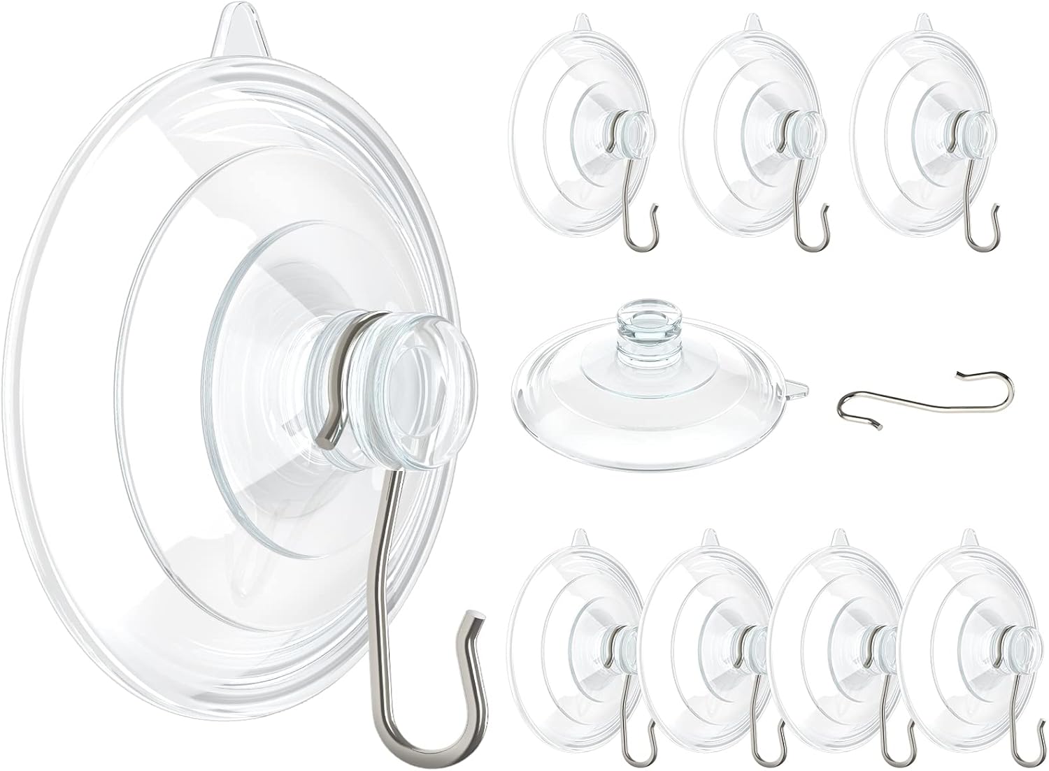 VIS'V Suction Cup Hooks - 2.5 Inch Large Clear Suction Cups with Metal Hooks | Removable & Reusable, 10 Pcs