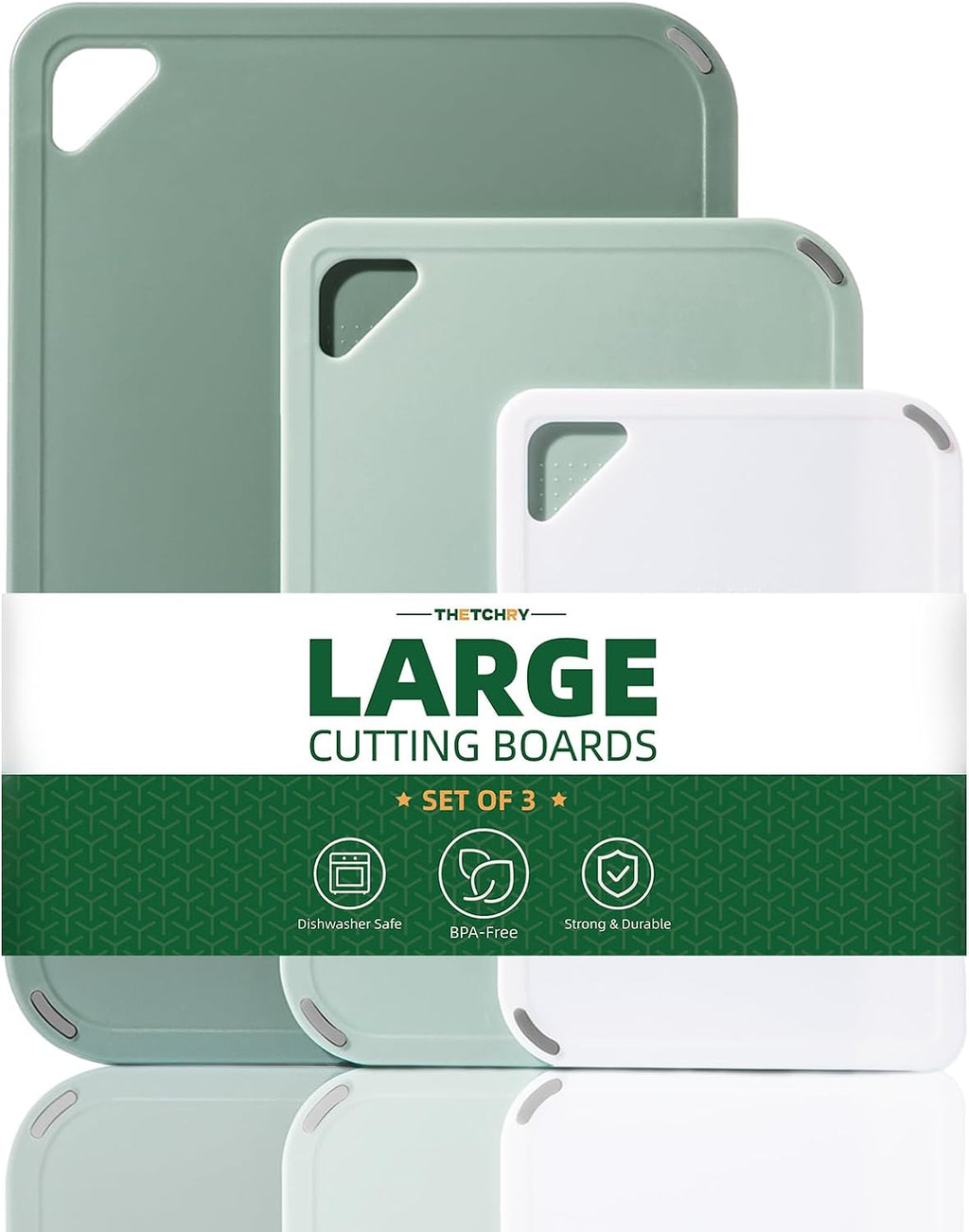 THETCHRY Plastic Cutting Board Set - BPA-Free Non-Slip Chopping Boards for Kitchen | 3 Sizes, 15"×10"×0.25" Green