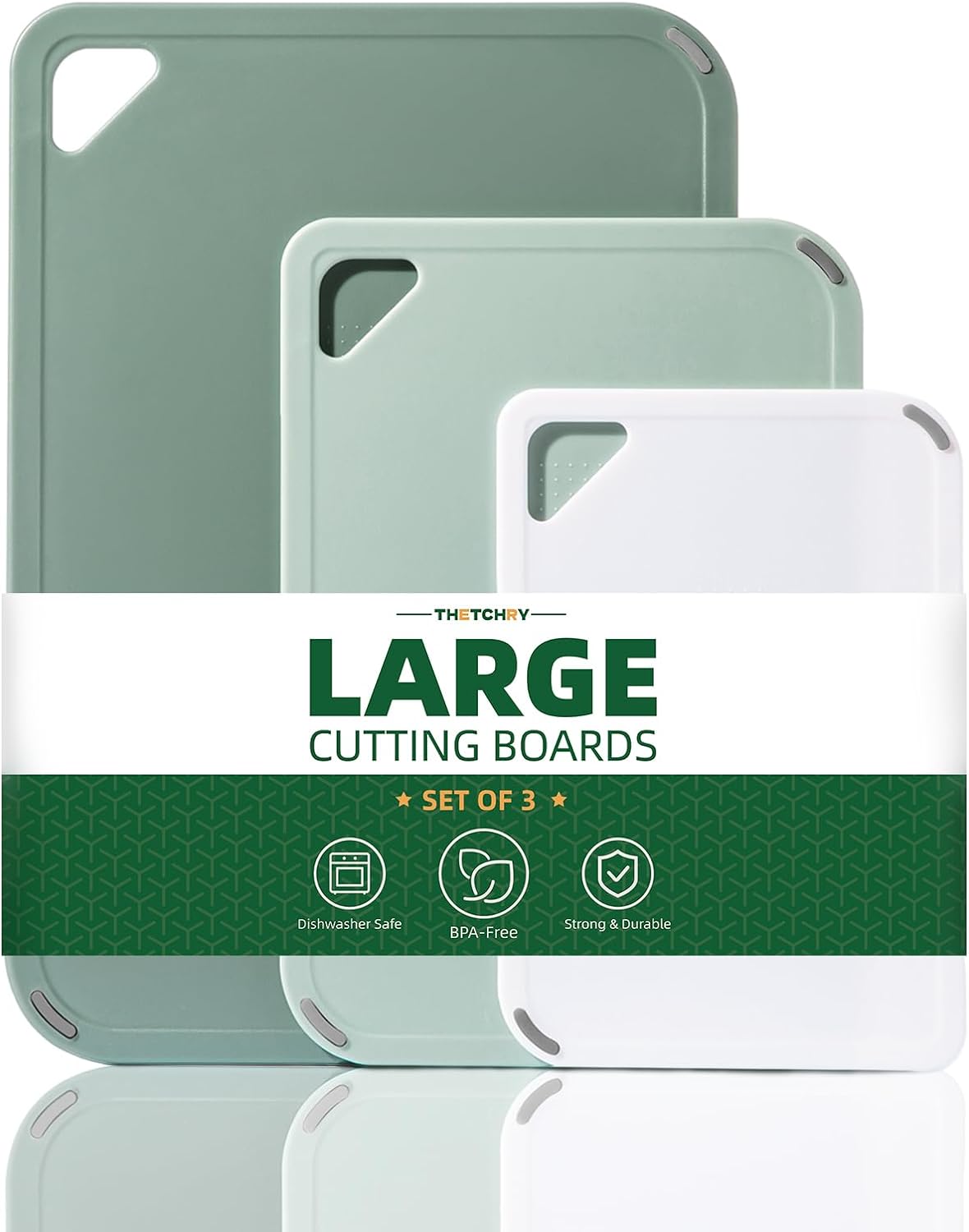 THETCHRY Plastic Cutting Board Set - BPA-Free Non-Slip Chopping Boards for Kitchen | 3 Sizes, 15"×10"×0.25" Green