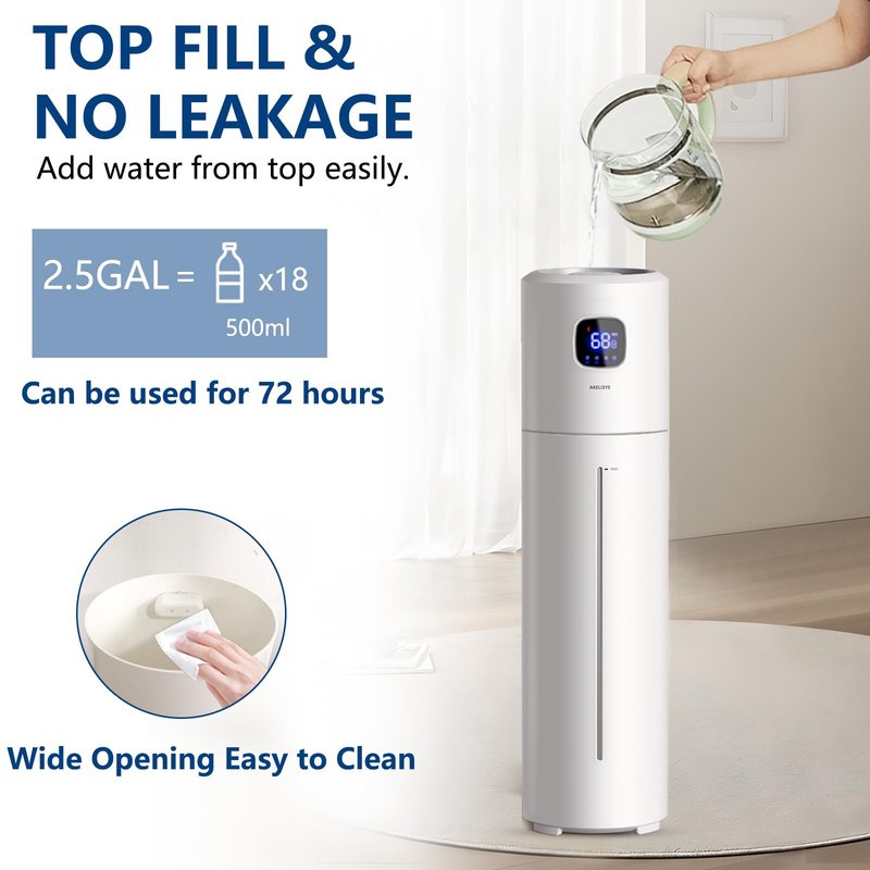 AKELISYE Large Humidifiers for Bedroom, 9L/2.5Gal Ultrasonic Cool Mist Humidifier, Easy Clean Humidifier with 350ML/H Large Mist Speed, Quiet Tower Humidifier, Suitable for Kids Room Plant Yoga