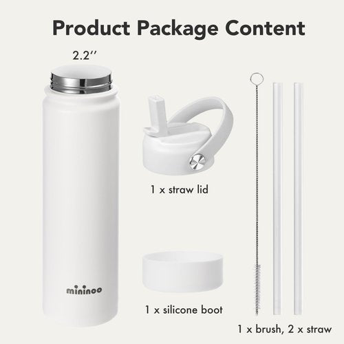 mininoo Insulated Stainless Steel Water Bottle with Straw, BPA-Free & Leak-Proof, 24 oz, White