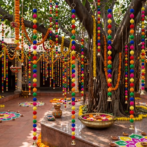 Bright Marigold Garland with Bells - 4ft Diwali & Festive Decor, 12 Pcs