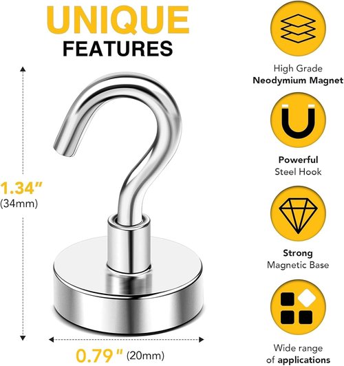 DIYMAG Magnetic Hooks - 50lbs Heavy Duty N52 Rare Earth Magnets for Fridge & Home | 6 Pack