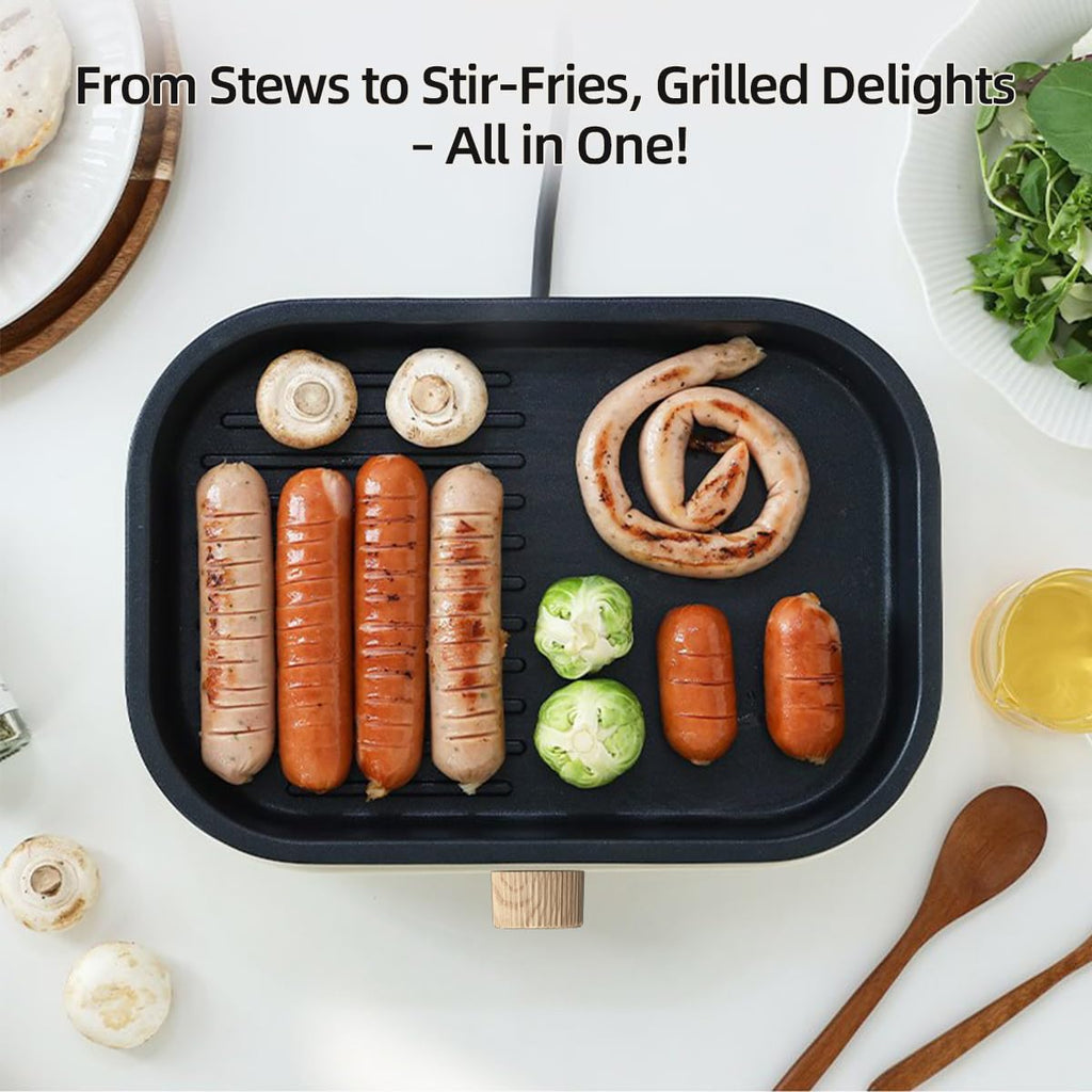 AORAN 600W Dual-Zone Electric Skillet - 12x8 Inch Nonstick Griddle Pan with Flat & Ribbed Grill Sections, Fast Heating, Smoke-Free Design, Includes Lid/Oil Brush/Food Tongs (Stainless Steel) White