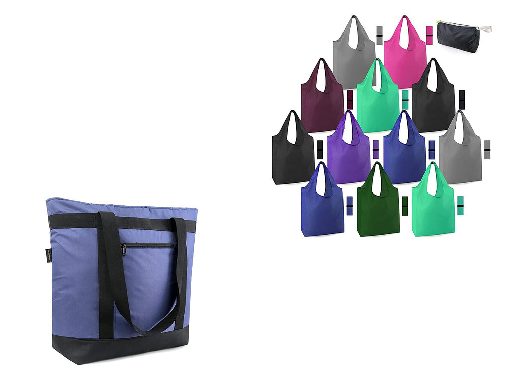 BeeGreen Groceries Reusable Bags Set of 12 for Shopping and Insulated Cooler Bag 1 Pack with Handles Compact Cute Solid Color Cloth Grocery Totes