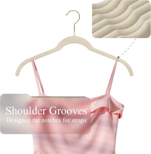 Korpai Velvet Hangers - 30 Pack Non-Slip Durable Slim Space-Saving Design | Beige with Gold 360° Swivel Hook