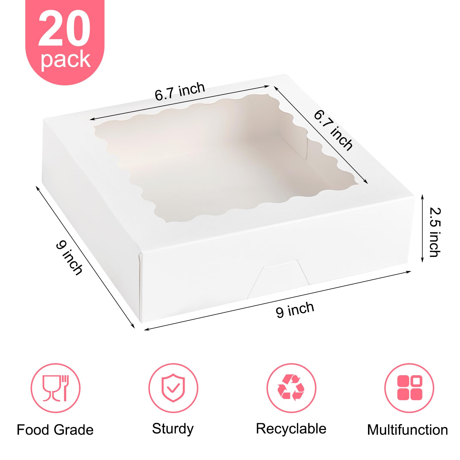 Kucoele 20 PCS Pie Boxes, 9 x 9 x 2.5 Inches Bakery Boxes with Window, Auto-Popup Cookie Boxes White Treat Boxes for Chocolate Strawberries, Pastries, Muffins, Donuts