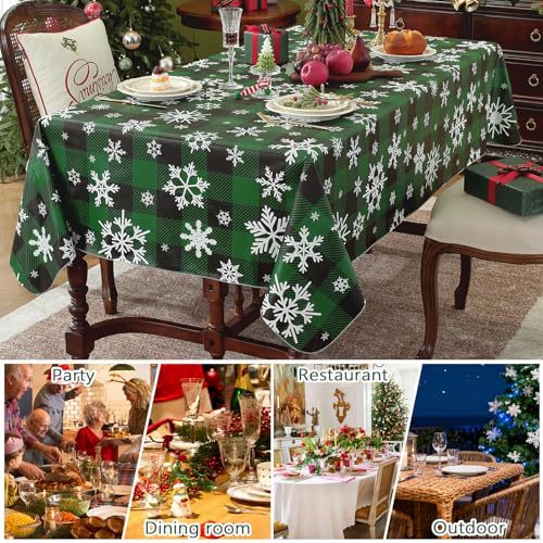 SASTYBALE Checkered Christmas Tablecloth 60x120 in Green & Black with Flannel Backing, Waterproof Snowflake Design