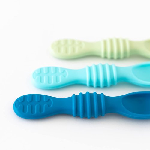 Bumkins Silicone Baby Utensil Set - Soft Tip Trainer Spoons for Self-Feeding | 3-Pack in Blue & Green