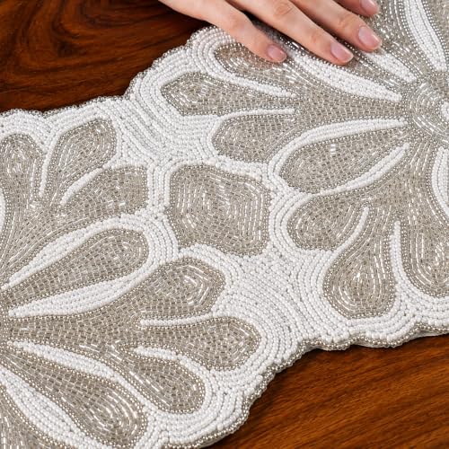 CLEENTABLE Beaded Table Runner 36x13 inches - White Silver Decor