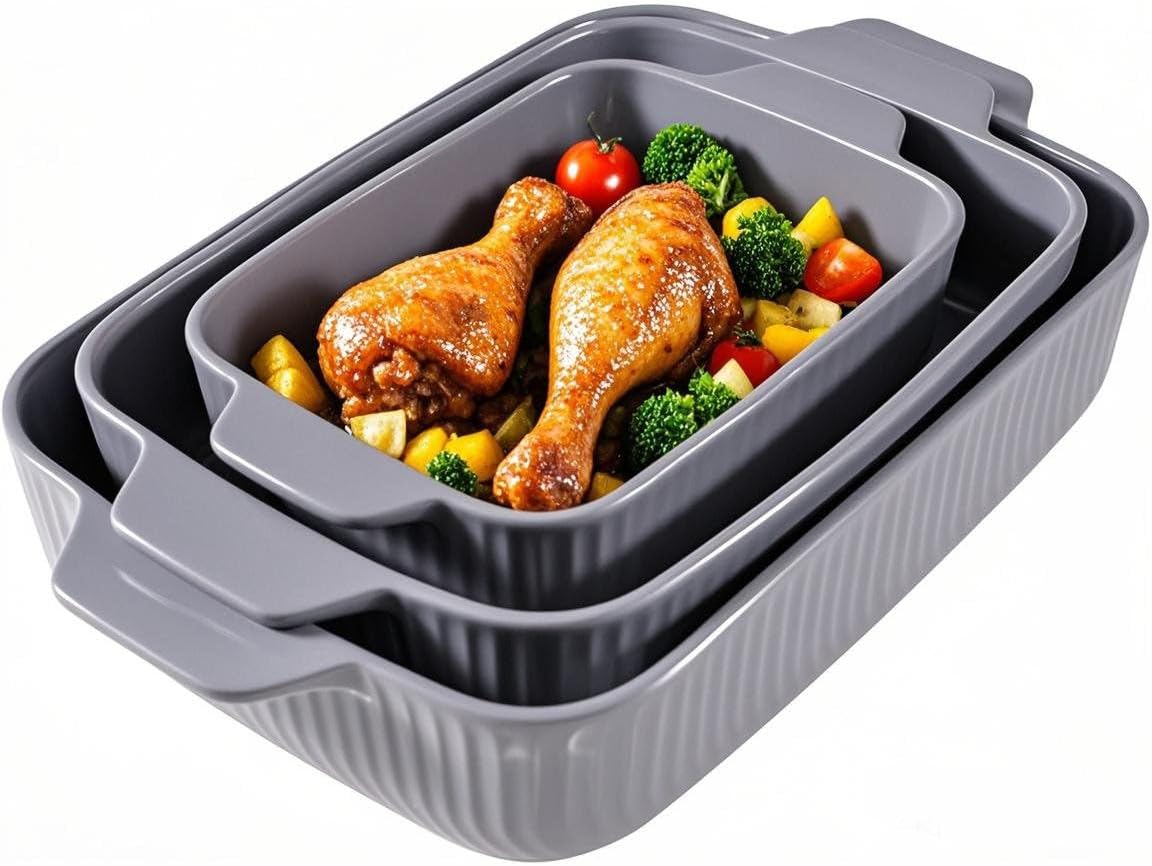Yachi Ceramic Casserole Dishes - Set of 3 Rectangular Bakeware with Handles | Oven & Microwave Safe Gray (14.8''/12.7''/9.8'')