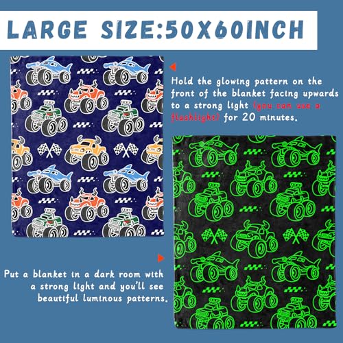 Glow in the Dark Truck Blanket for Kids, Soft Fleece Throw 40x60 Inches
