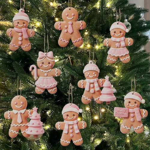 24 Pcs Pink Gingerbread Man Ornament Set - 3.94'' Wooden Christmas Decorations, Memorywuu
