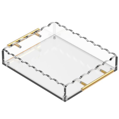 GRAHAM DESIGN 10×12 Rectangular Scalloped Acrylic Tray with Bronze Handles & Magnetic Mat – Clear Display Tray, Vanity Organizer, Anti‑Slip Decor Accent & Gift
