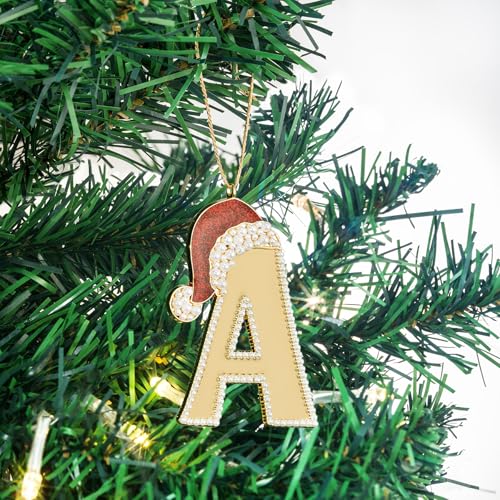 Personalized Initial Christmas Ornament with Red Hat Hanging Letter Decor