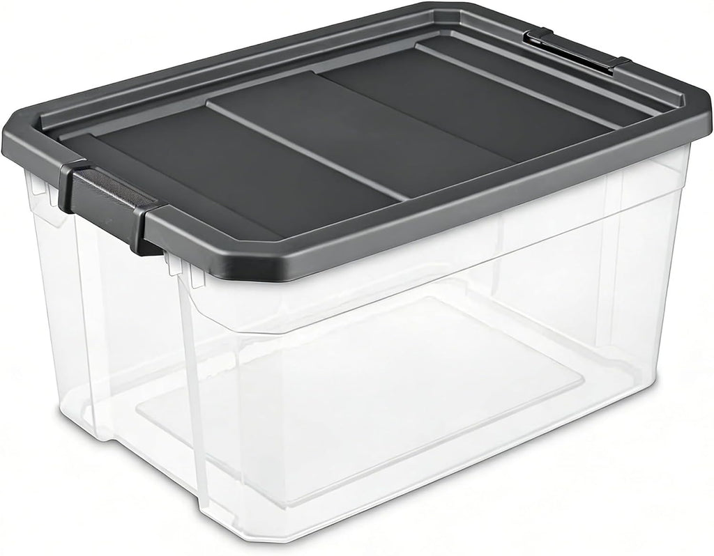 Stacker Box 76 Quart - Heavy-Duty Clear Plastic Storage Bin with Secure Latch Lid | Dark Gray