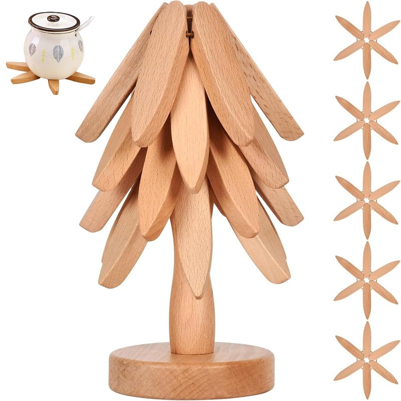 Wooden Trivets for Hot Dishes，Tree Shape Trivet Set，Beech Wood Tree Shape Trivets for Hot Pots and Pans (4 Layers+1 Stand)