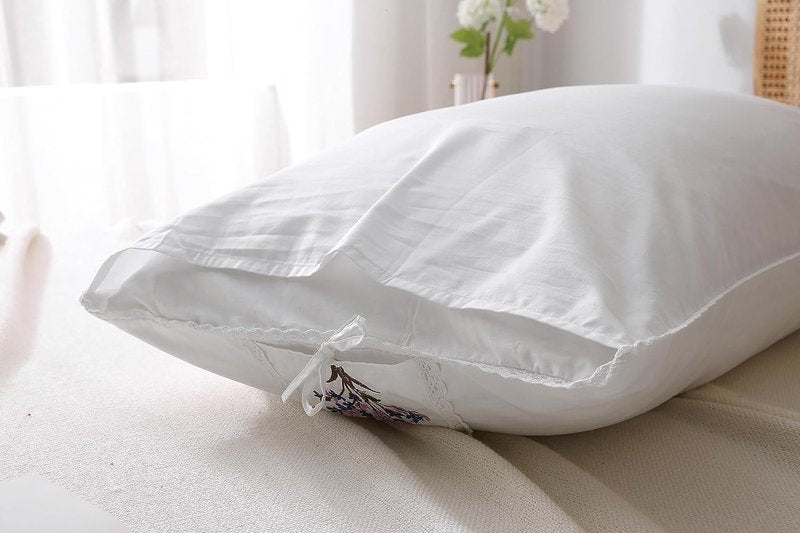 White Embroidery Pillowcases Lavender Flower Pillow Shams with lace 100% Cotton 2-Pack Twin Standard Size (26"x20")