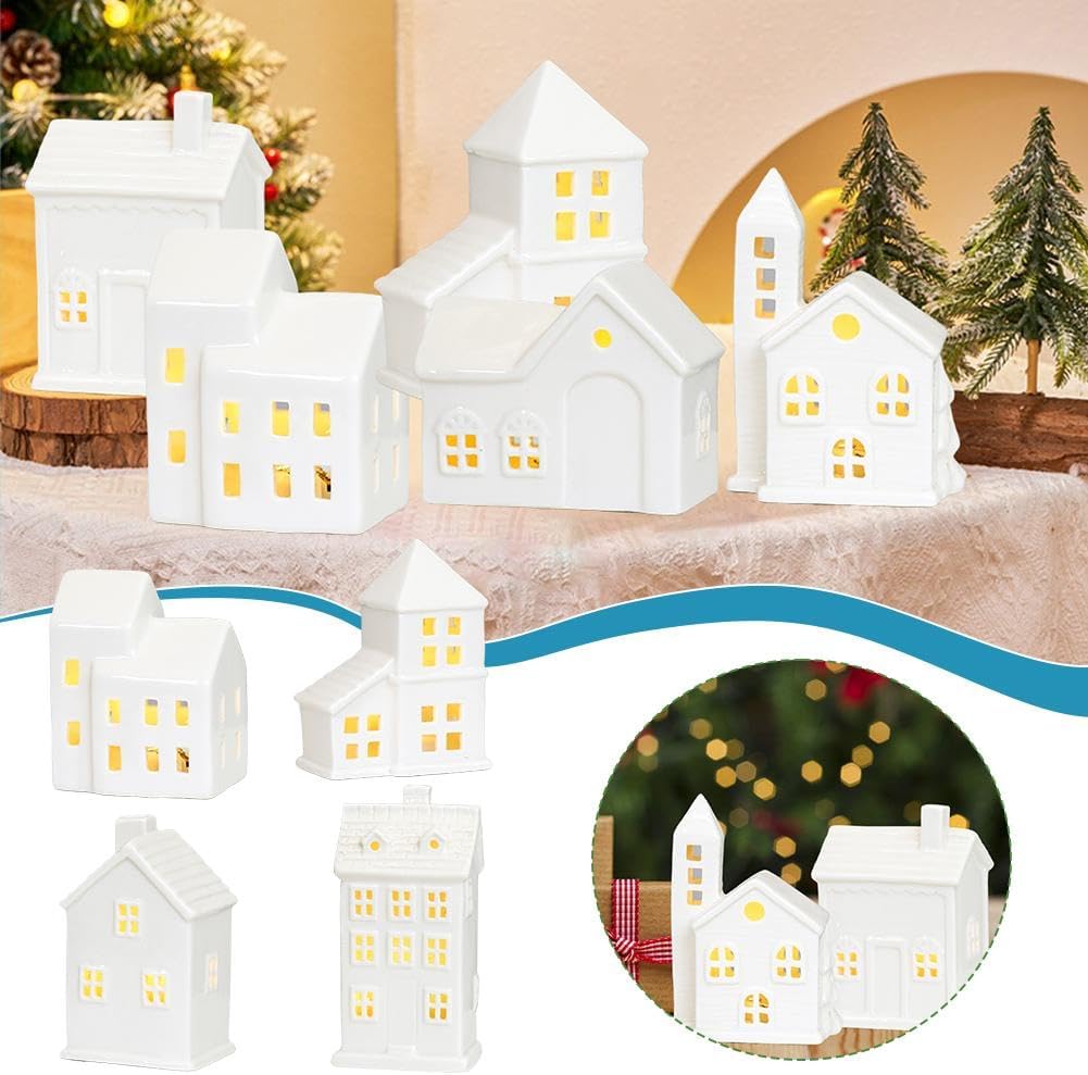 Regine Switzerland Christmas Village Houses - Illuminated White Ceramic Set with Remote Control | Rustic Holiday Decor for Tabletop Display