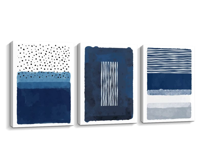 Creoate Blue Canvas Wall Art 3 Pieces - Abstract Blue White Painting Framed Print for Living Room Bedroom Decor Navy 16x24 Inch