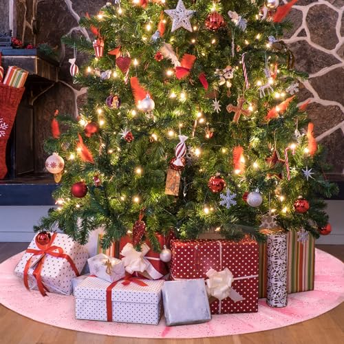 Skylety 36" Pink Christmas Tree Skirt with Ruffle Tulle & Glitter, Double Layer