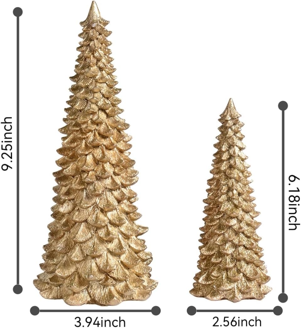 AOMOONOA Gold Christmas Tree Figurines - 2Pcs Resin Glitter Tabletop Decor | Small Xmas Trees for Home
