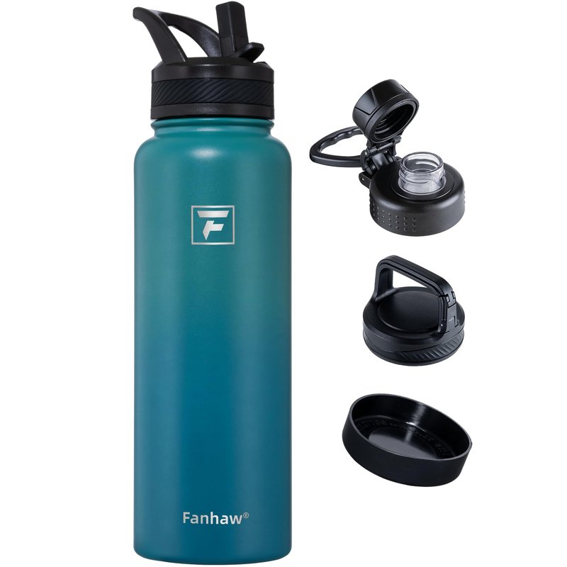 Fanhaw 40 oz Insulated Water Bottle – Stainless Steel Flask with 3 Lids (Straw, Spout, Carabiner) | Durable, Leakproof, for Hiking, Camping, Outdoor Adventures & Travel (Green Blue)