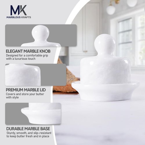 Marble Mini Butter Dish with Lid 4 Inch White French Butter Crock Soft Butter Spreader, Butter Keeper for Kitchen Décor and Storage
