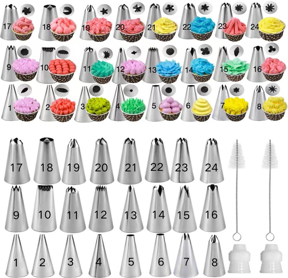 Skiennix 28-Pcs Piping Tips Set - Stainless Steel Frosting Kit with 24 Tips & 2 Brushes