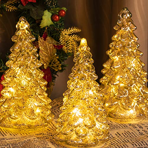 Set of 3 Lighted Mercury Glass Christmas Tree Figurines with Timer - KI Store